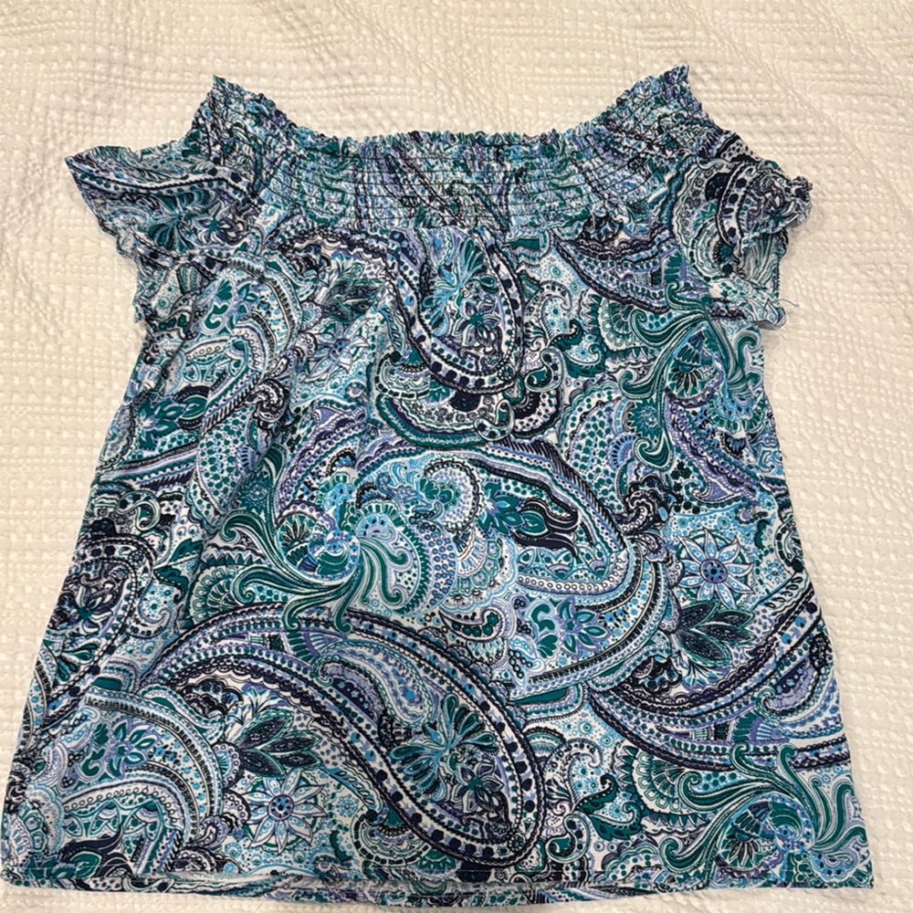 Blue Paisley Off-Shoulder Top